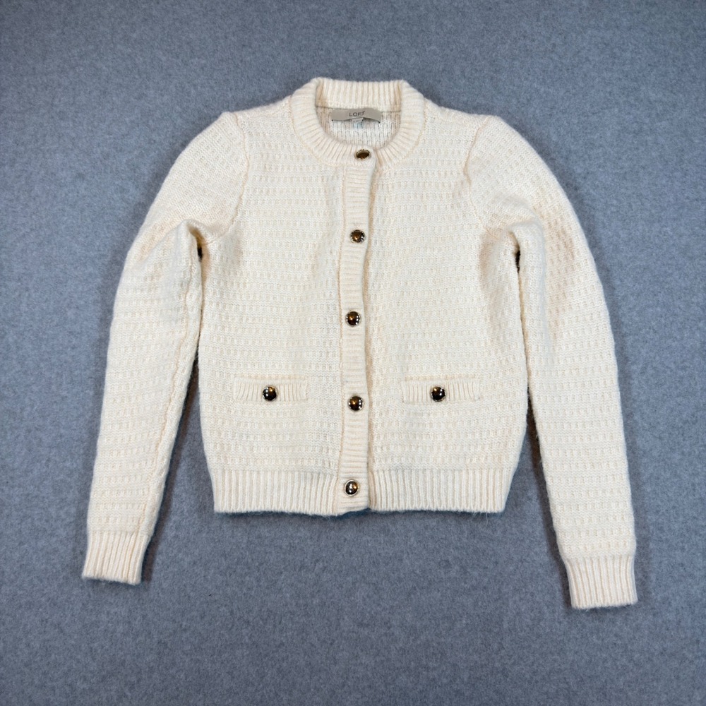 LOFT Cardigan Womens S Cream Waffle Knit Gold Button Lady Jacket Sweater Preppy